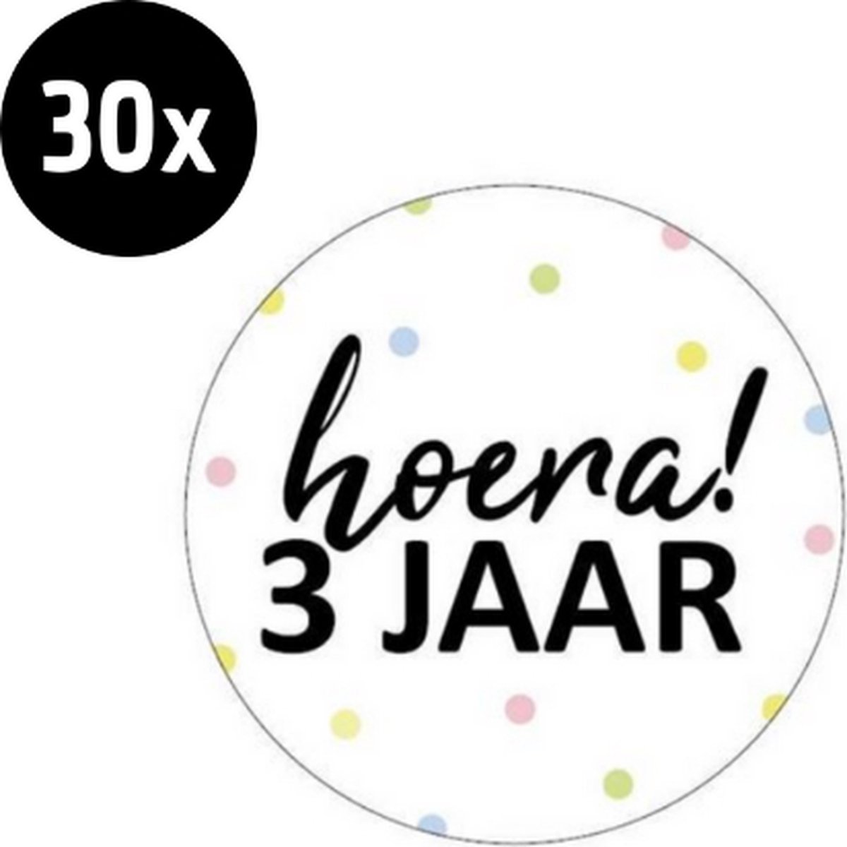 30x Sluitsticker Hoera 3 jaar! | 40 mm | Traktatiesticker Hoera | Cadeausticker | Sluitzegel | Sluitsticker | Traktatie - Verjaardag - Feest | Sticker 3e verjaardag | Kinder traktatie